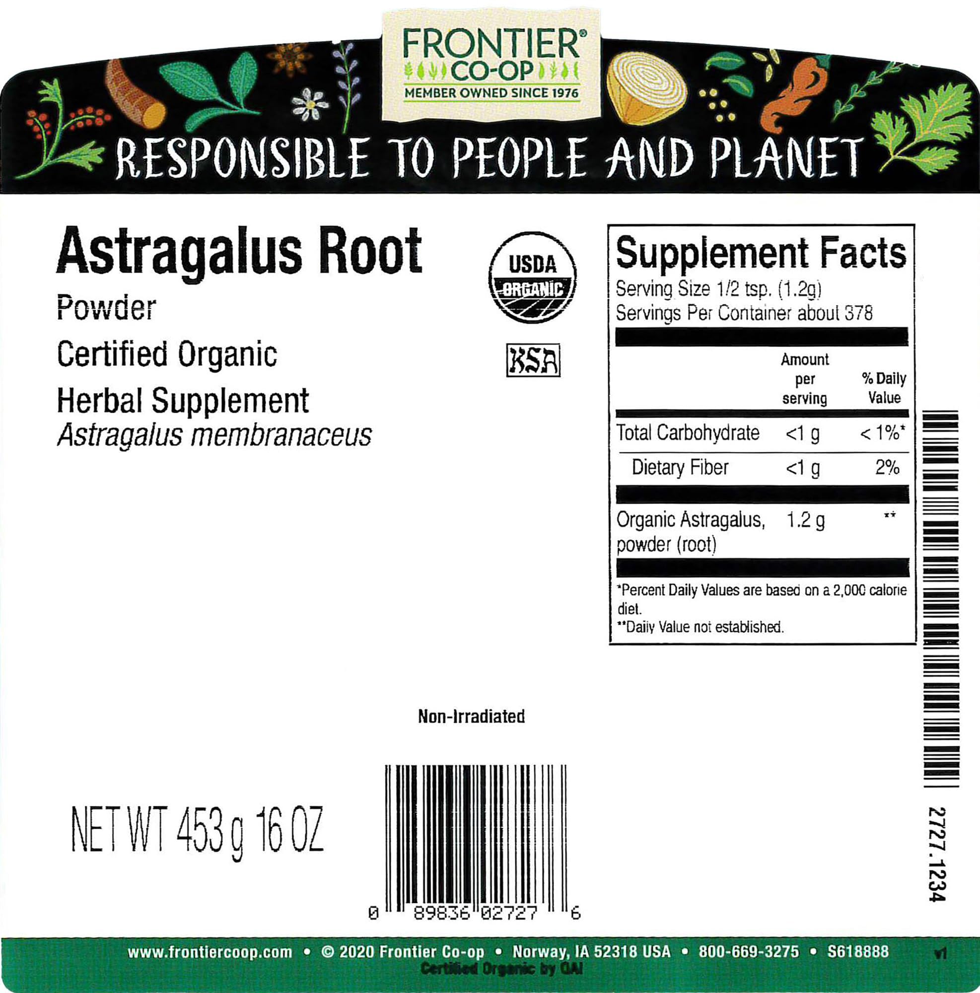 Frontier Co-op astragalus root powder label close-up highlighting organic certification.