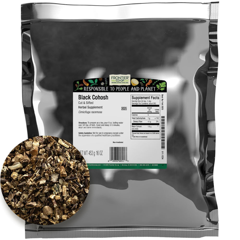 Frontier Co-op black cohosh root cut and sifted bulk bag for herbal prep.