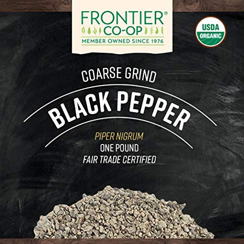 Frontier Co-op Black Pepper coarse grind bottle pouring heat and aroma into dishes