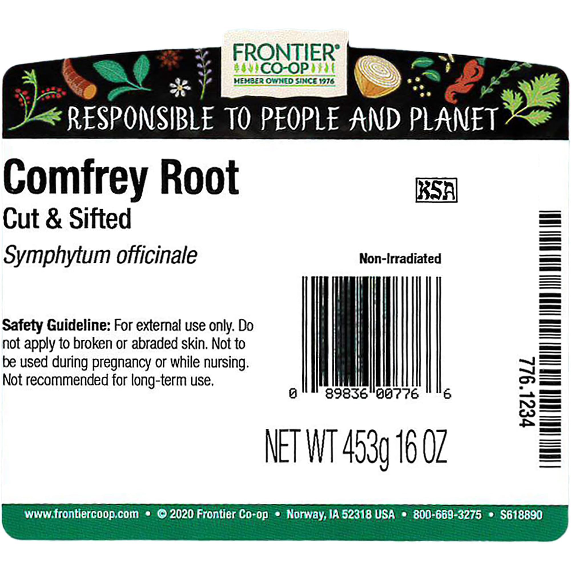 Frontier Co-op dried comfrey root bulk bag for long-lasting supply.