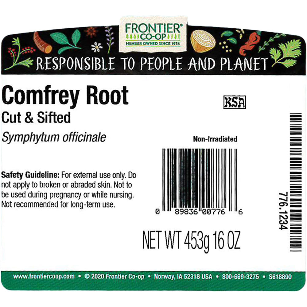 Frontier Co-op dried comfrey root bulk bag for long-lasting supply.