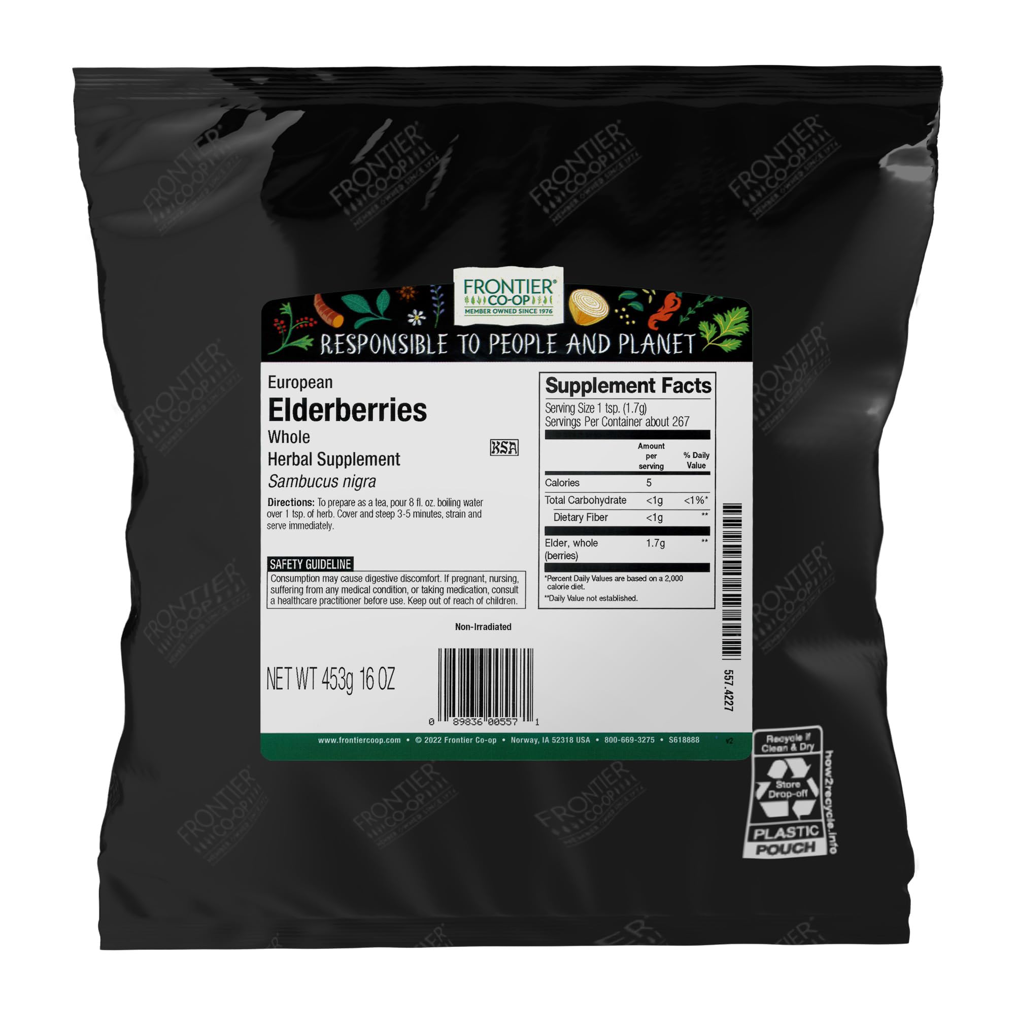 Frontier Co-op dried elderberries in a jar, ideal for teas and syrups.