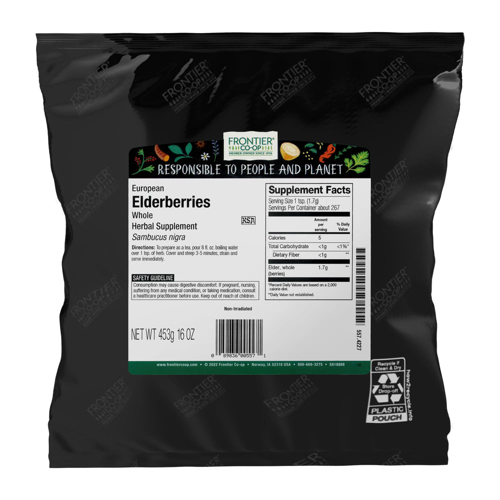 Frontier Co-op dried elderberries package showing European whole berries