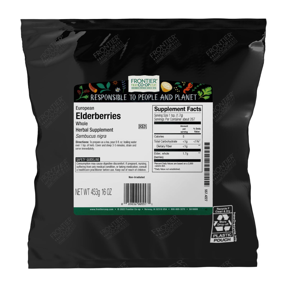 Frontier Co-op dried elderberries package showing European whole berries