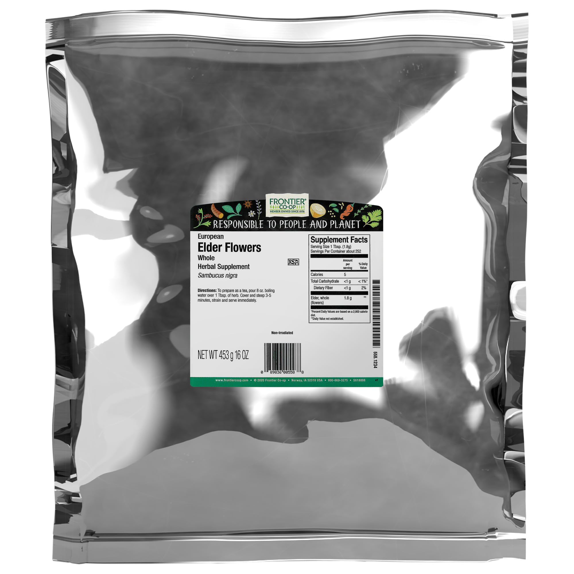 Frontier Co-op dried elderflowers in 1lb bulk bag, ideal for fragrant elderflower tea and culinary infusions.