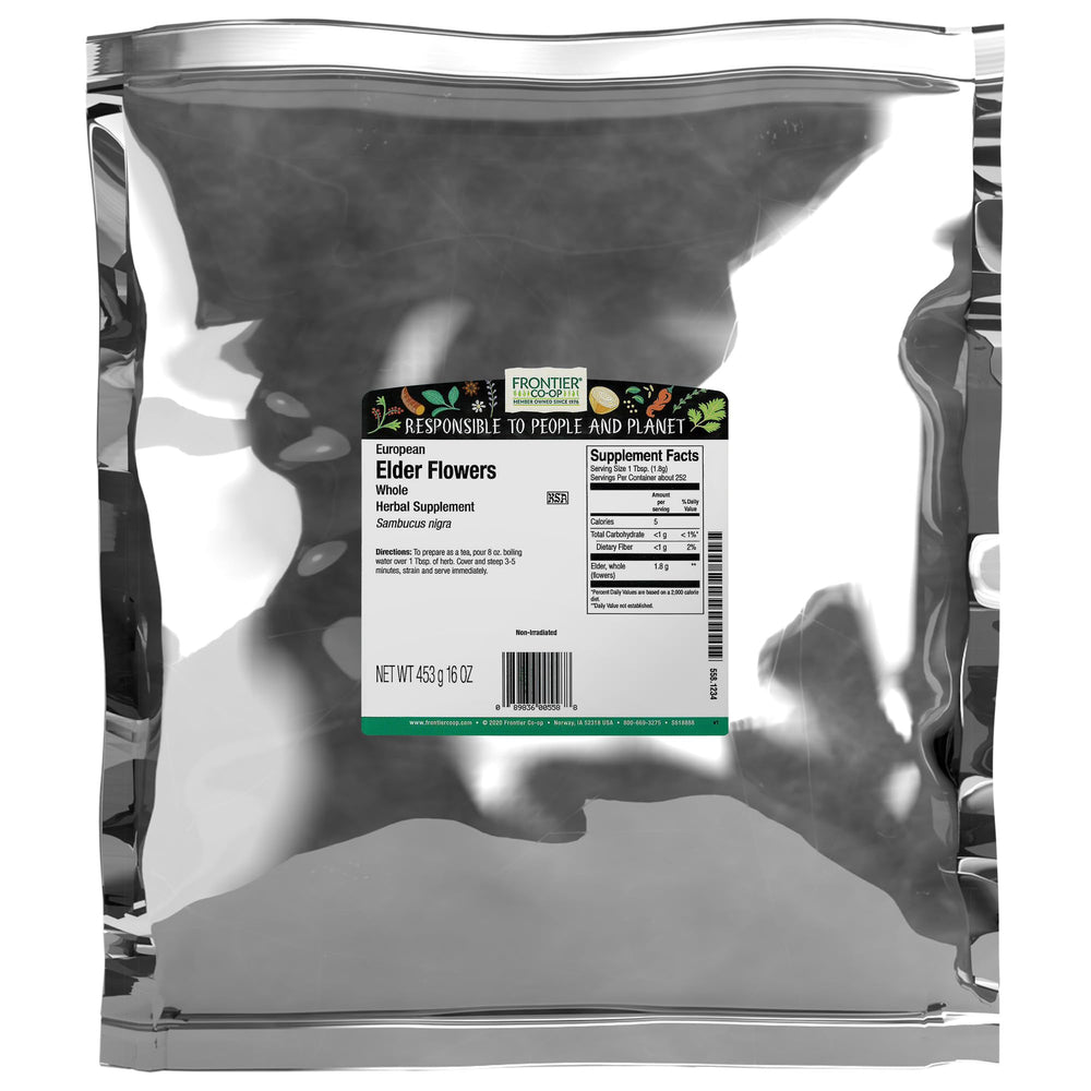 Frontier Co-op dried elderflowers in 1lb bulk bag, ideal for fragrant elderflower tea and culinary infusions.