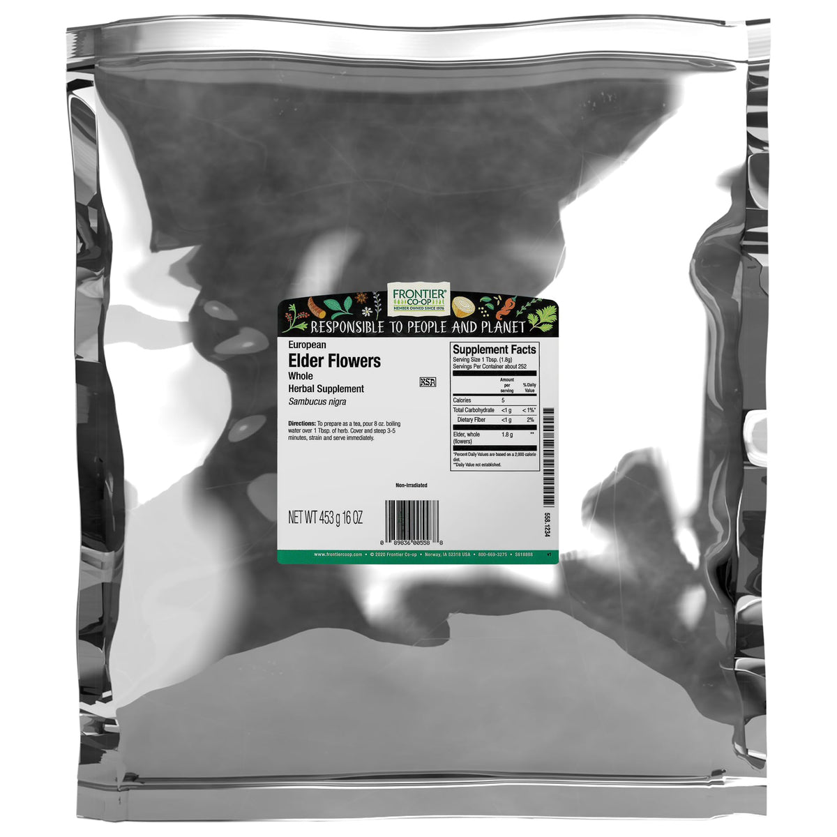 Frontier Co-op dried elderflowers in 1lb bulk bag, ideal for fragrant elderflower tea and culinary infusions.