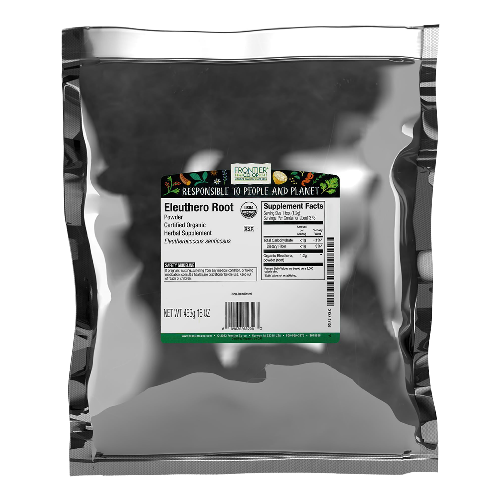 Frontier Co-op Eleuthero root powder bag for smoothies, offering a natural energy lift.