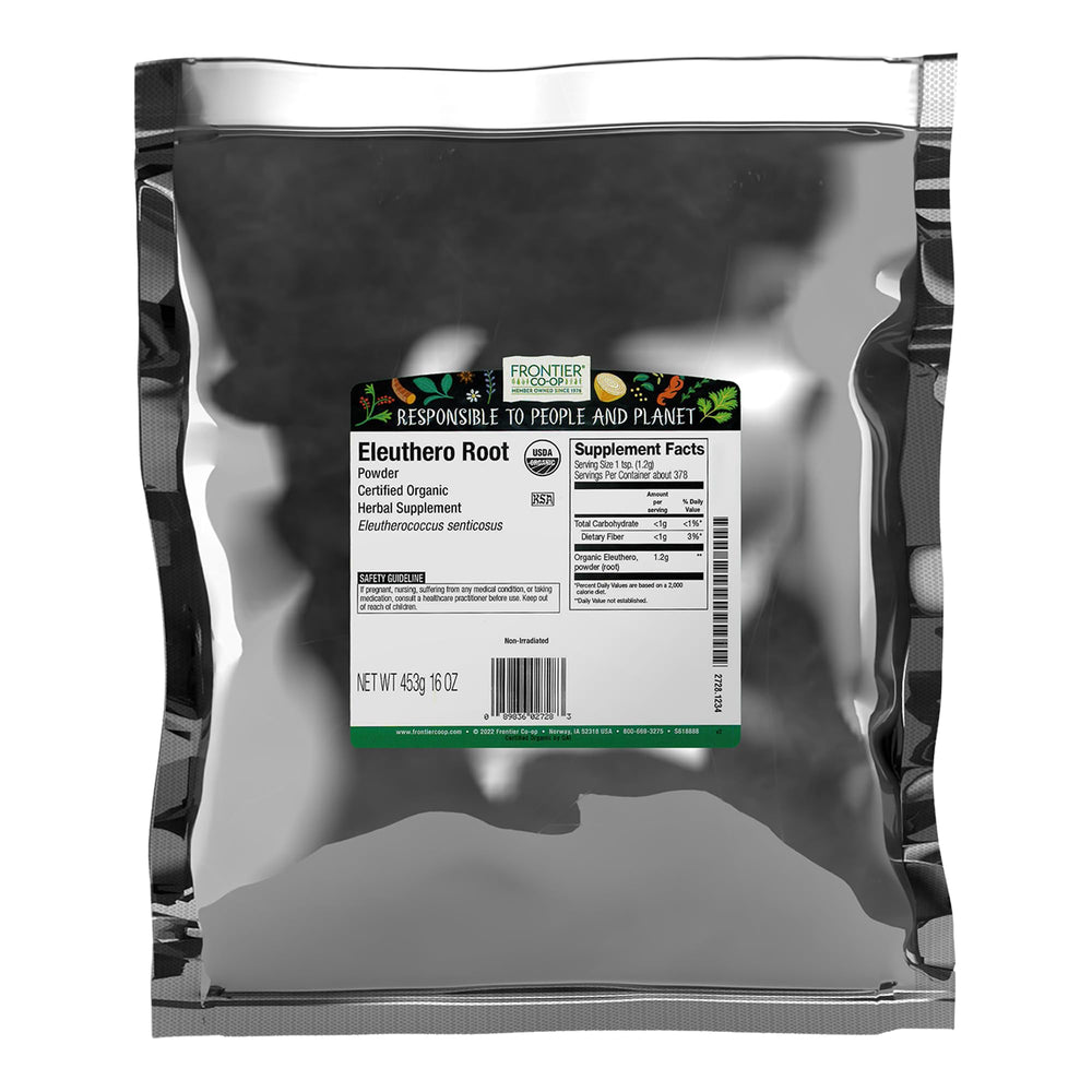 Frontier Co-op Eleuthero root powder bag for smoothies, offering a natural energy lift.