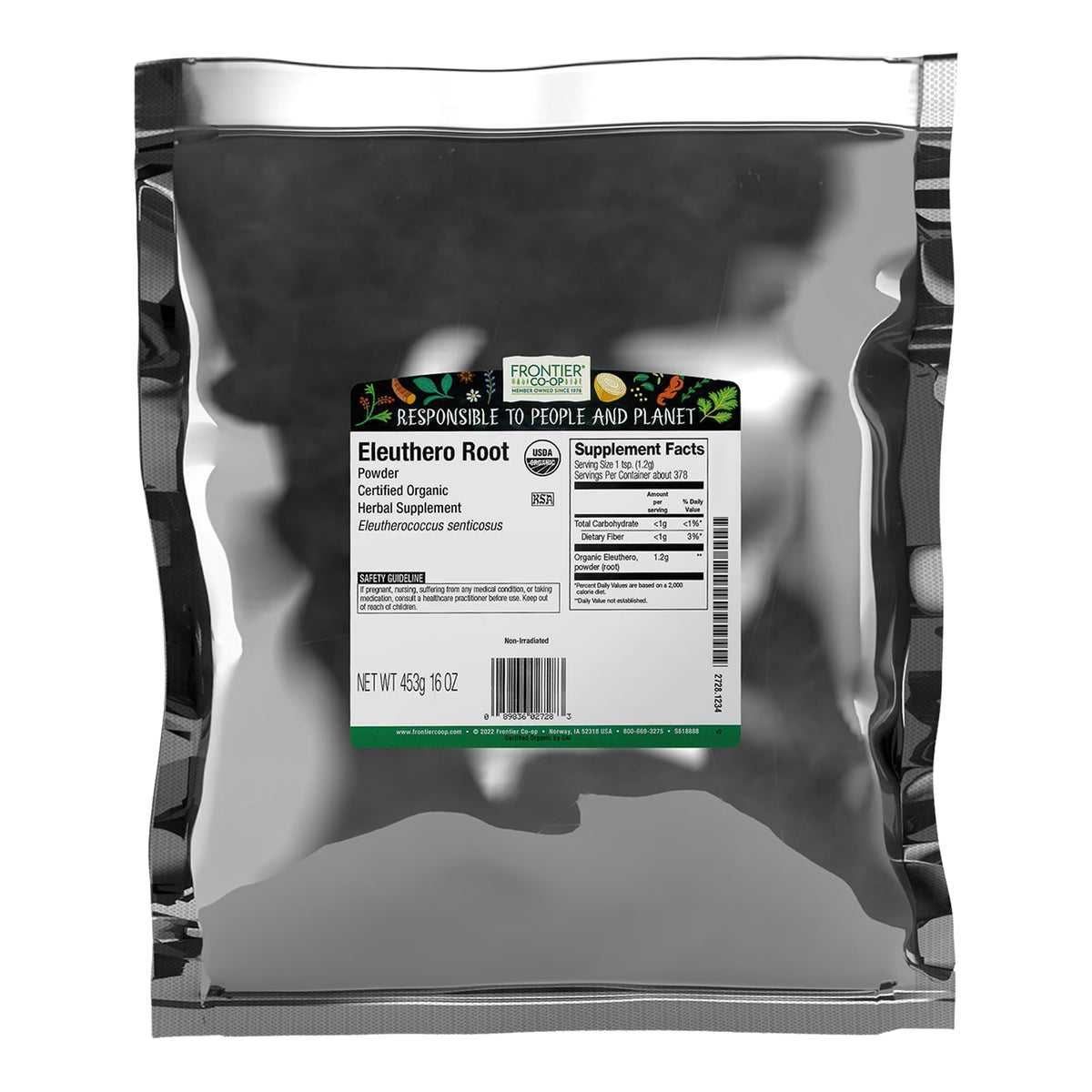 Frontier Co-op Eleuthero root powder bag for smoothies, offering a natural energy lift.