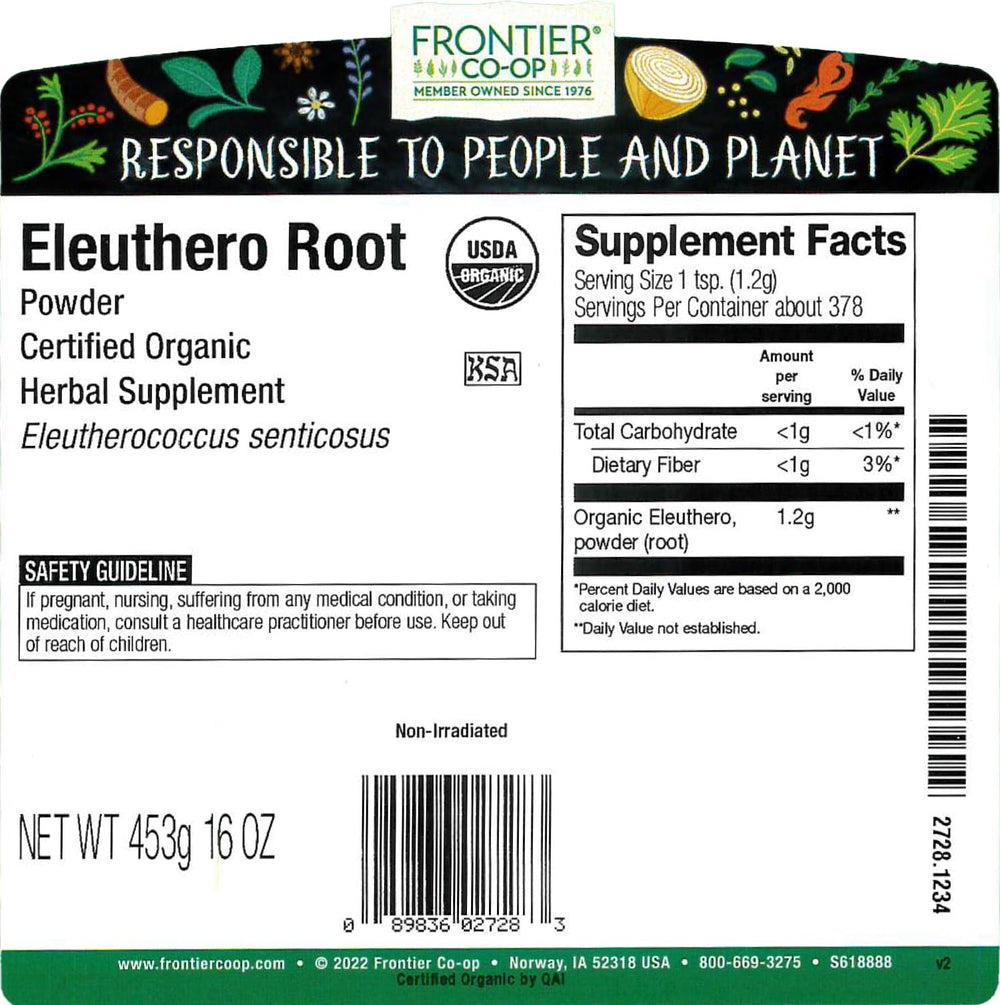 Frontier Co-op Eleuthero root powder texture closeup, ideal for quick mixing.