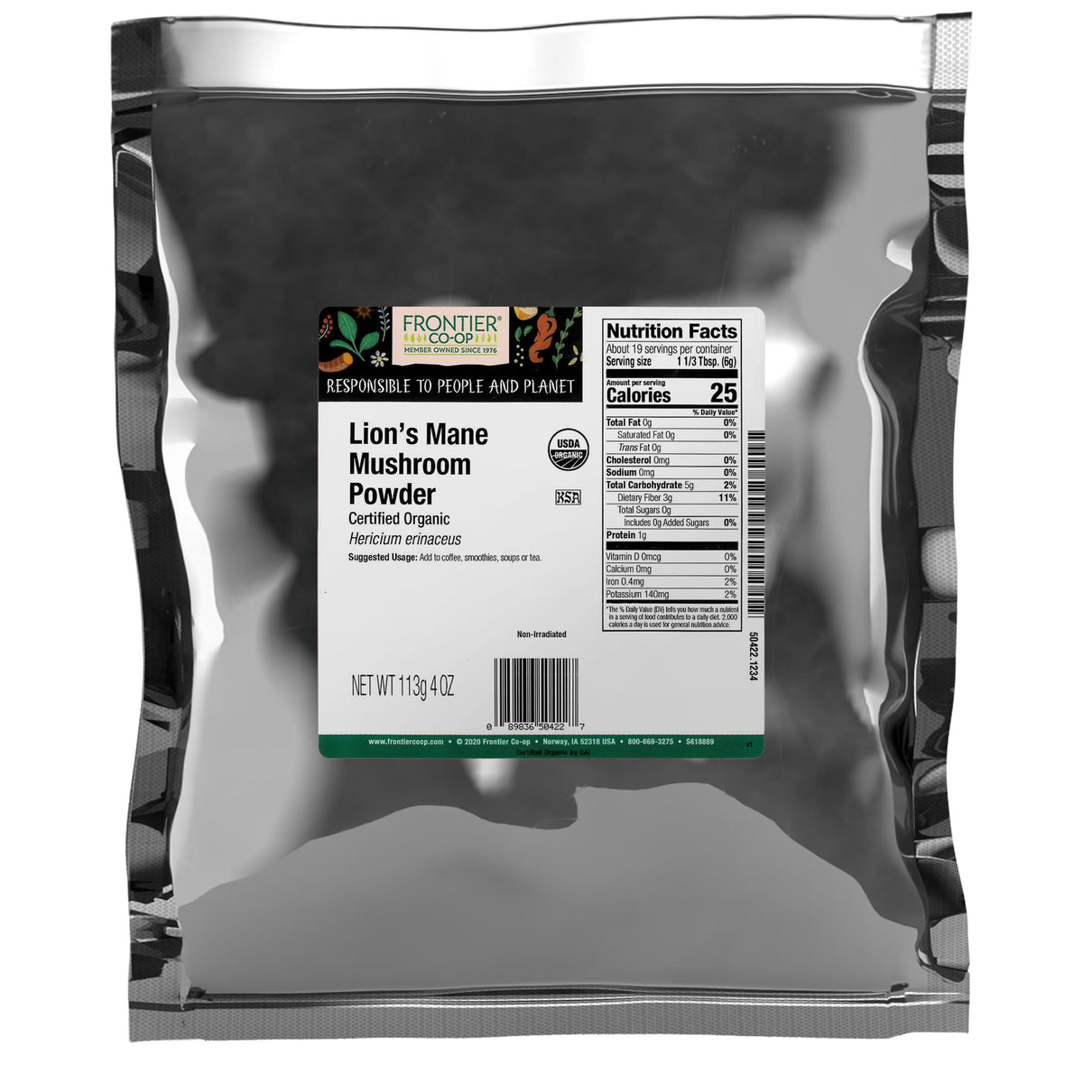 Frontier Co-op Lion’s Mane powder bag for coffee, smoothies, or soups with a mild earthy sweetness
