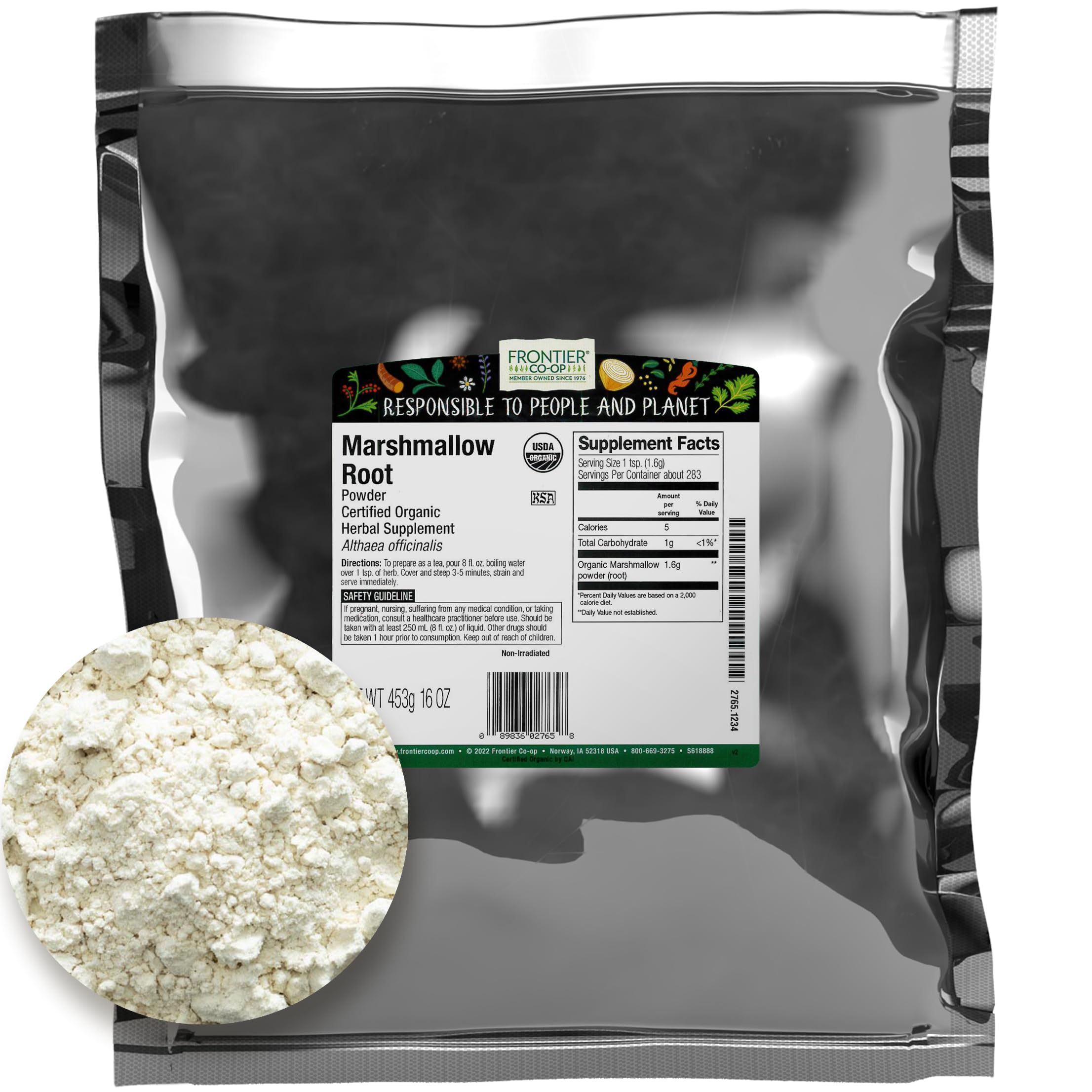 Frontier Co-op marshmallow root powder in a bulk bag, ideal for teas and syrups.
