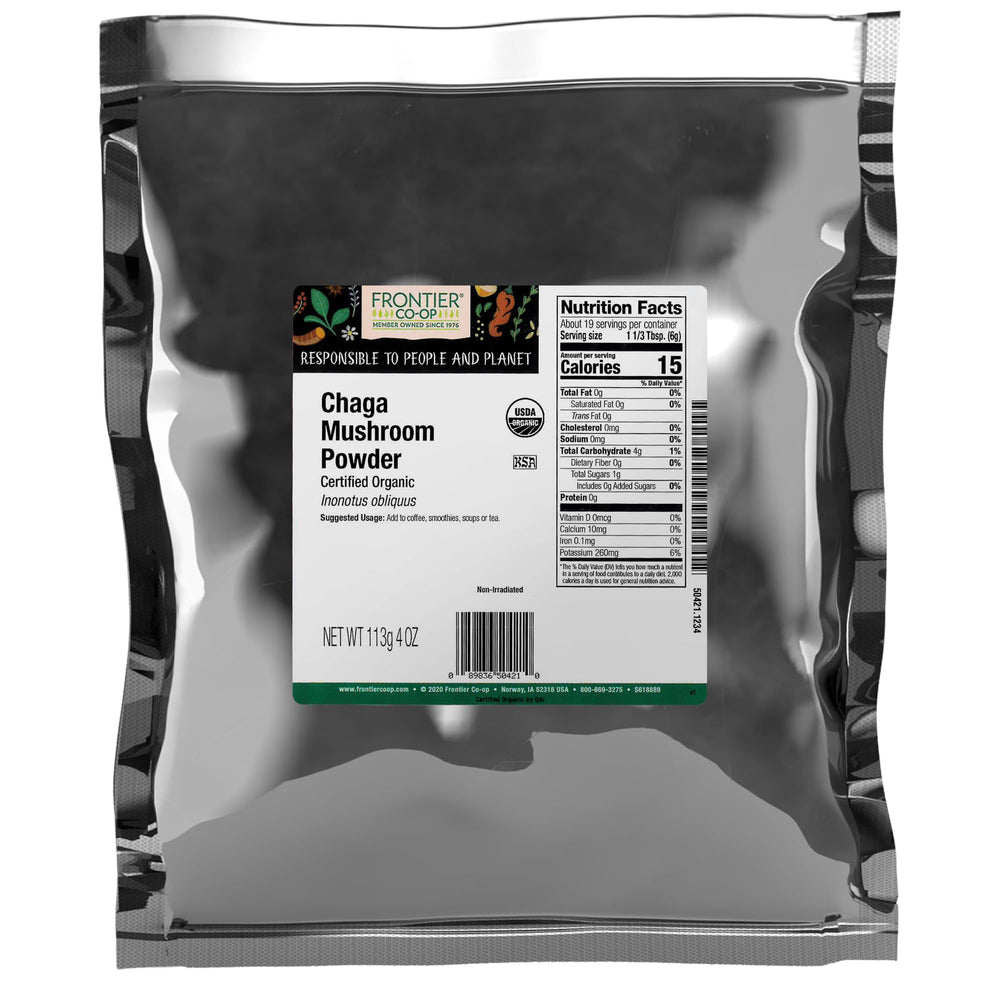 Frontier Co-op Organic Chaga Powder in a bag, ideal for tea, coffee, smoothies, and soups.