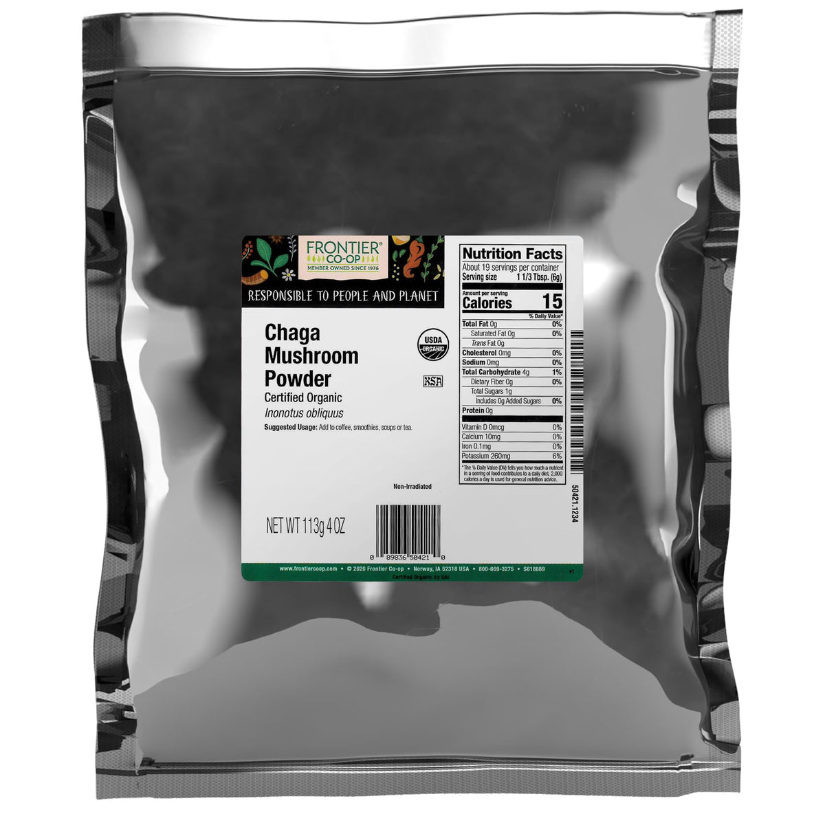 Frontier Co-op Organic Chaga Powder in a bag, ideal for tea, coffee, smoothies, and soups.
