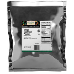 Frontier Co-op Organic Chaga Powder in a bag, ideal for tea, coffee, smoothies, and soups.