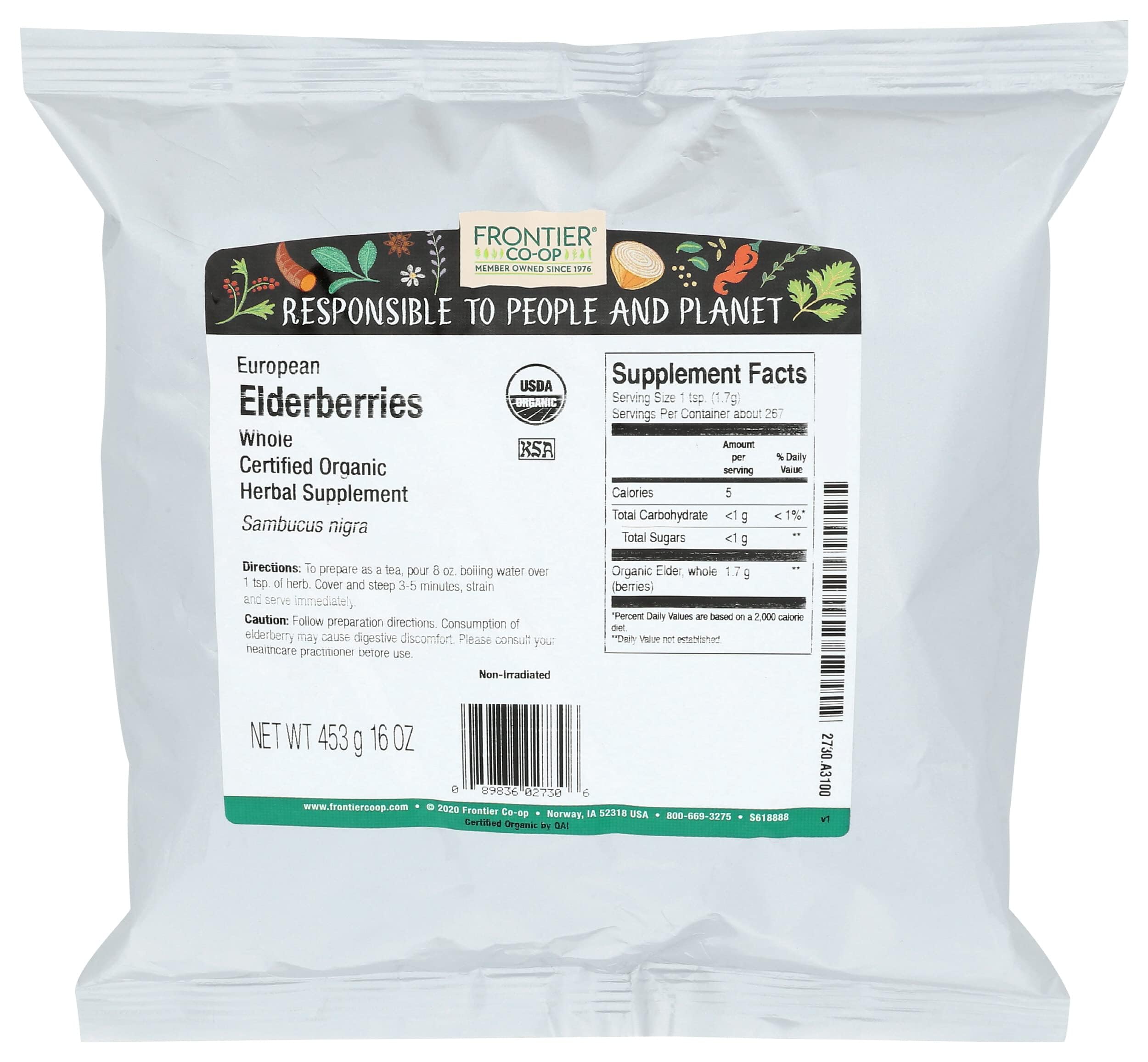 Frontier Co-op Organic Dried Elderberries 1lb bulk bag for tea and cooking.