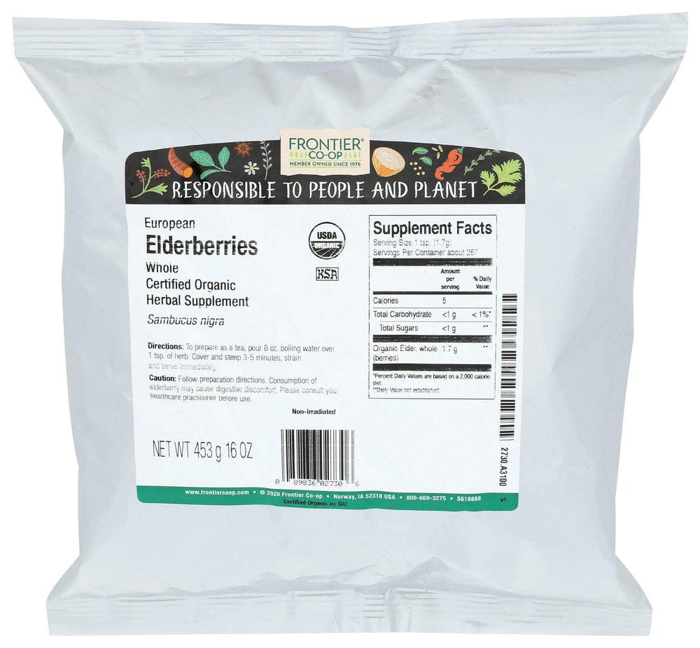 Frontier Co-op Organic Dried Elderberries 1lb bulk bag for tea and cooking.
