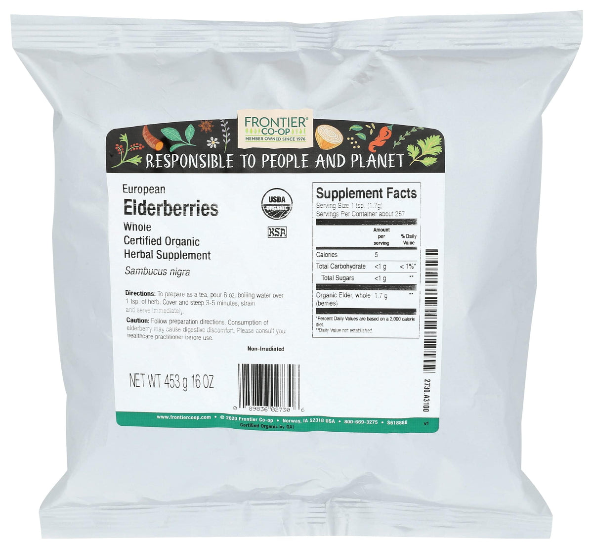 Frontier Co-op Organic Dried Elderberries 1lb bulk bag for tea and cooking.