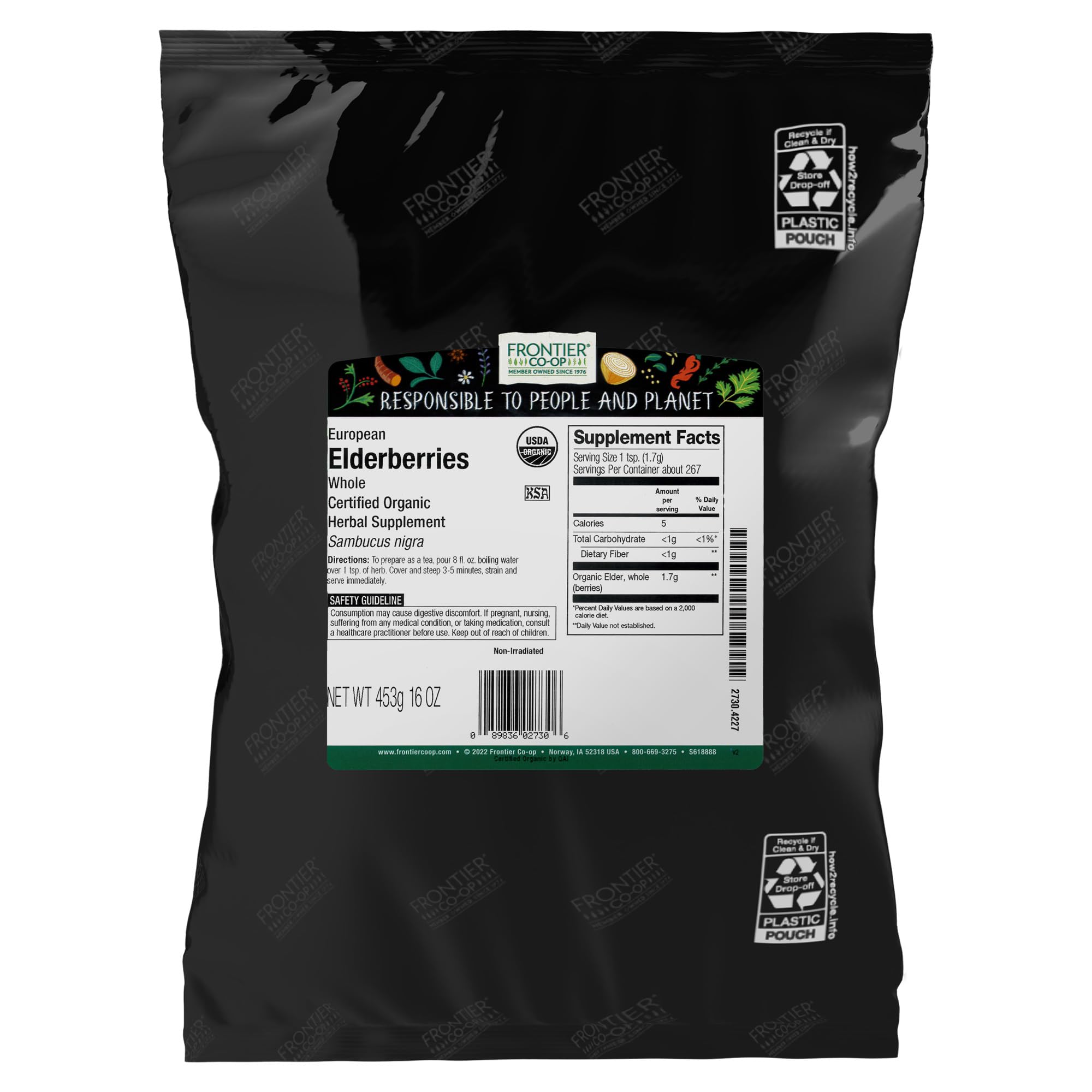 Frontier Co-op Organic Dried Elderberries ideal for tea blends and desserts.