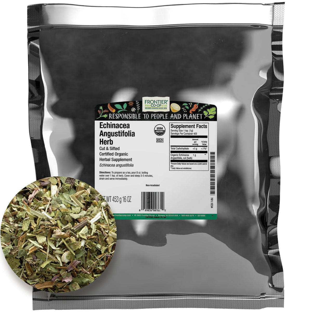 Frontier Co-op Organic Echinacea Angustifolia bulk cut and sifted herb for easy tea infusion.