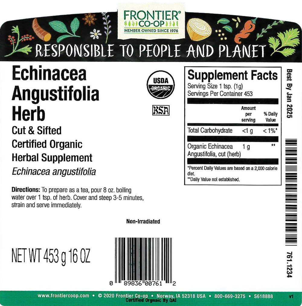 Frontier Co-op Organic Echinacea Angustifolia dried herb ready for tea and blends.