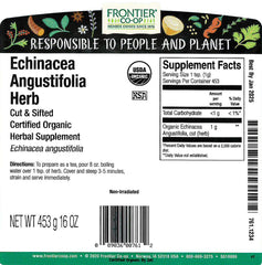 Frontier Co-op Organic Echinacea Angustifolia dried herb ready for tea and blends.