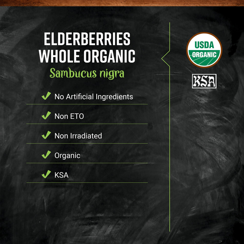 Frontier Co-op organic elderberries, kosher certified and non-GMO.