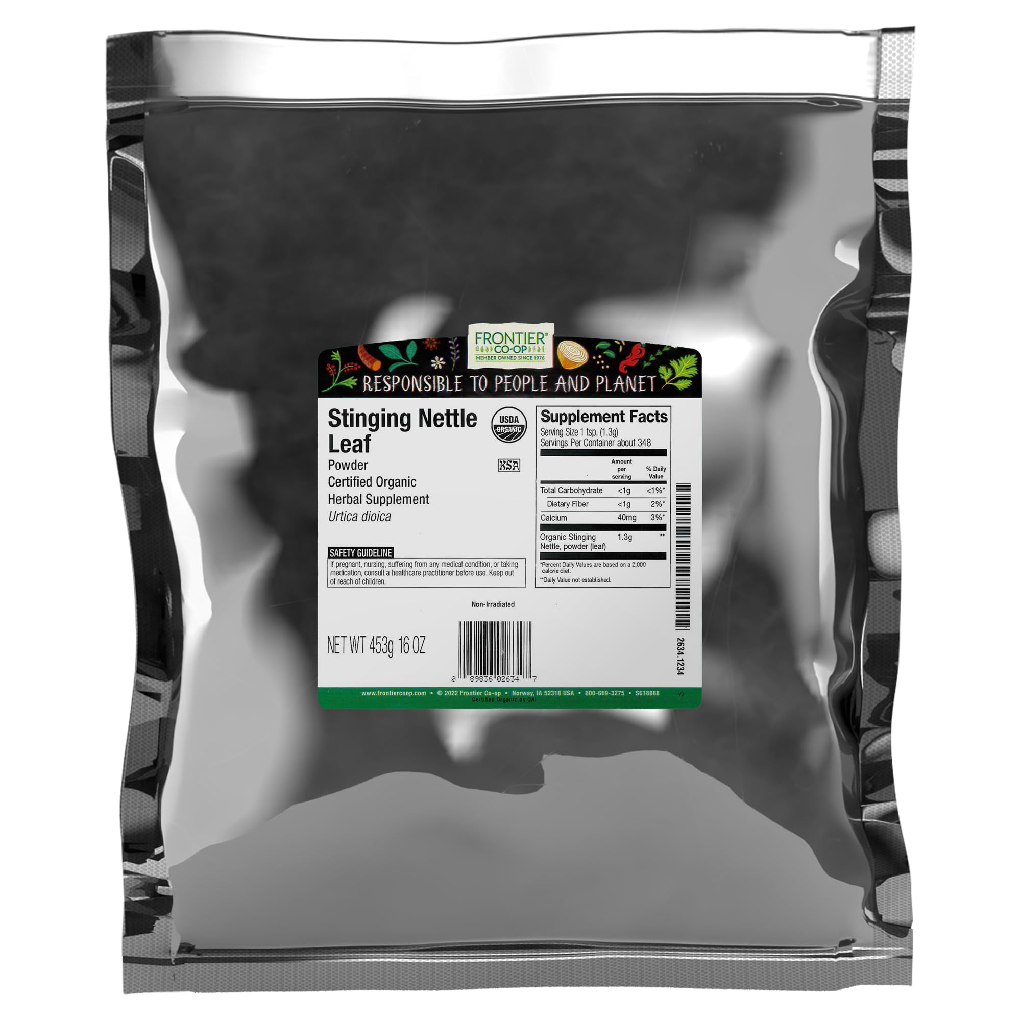 Frontier Co-op nettle powder packaging for versatile teas and cooking.