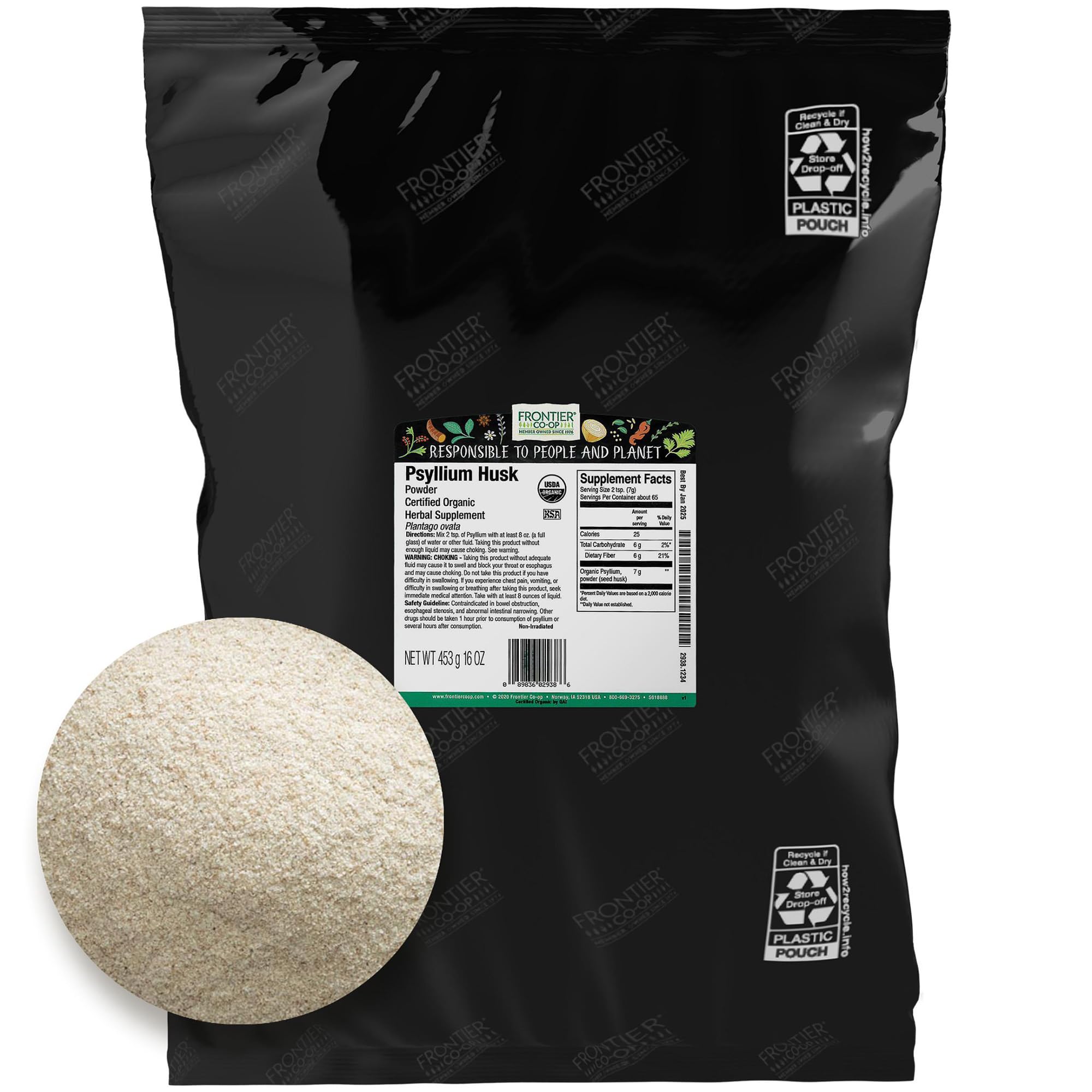 Frontier Co-op Organic Psyllium Husk Powder 1lb bottle close-up for gluten-free thickening.
