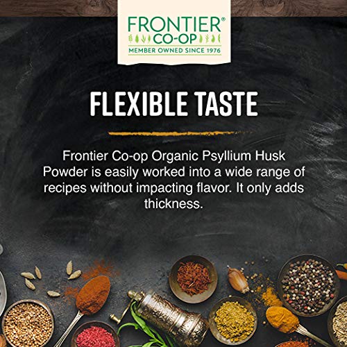 Frontier Co-op Organic Psyllium Husk Powder labeled kosher and non-irradiated.