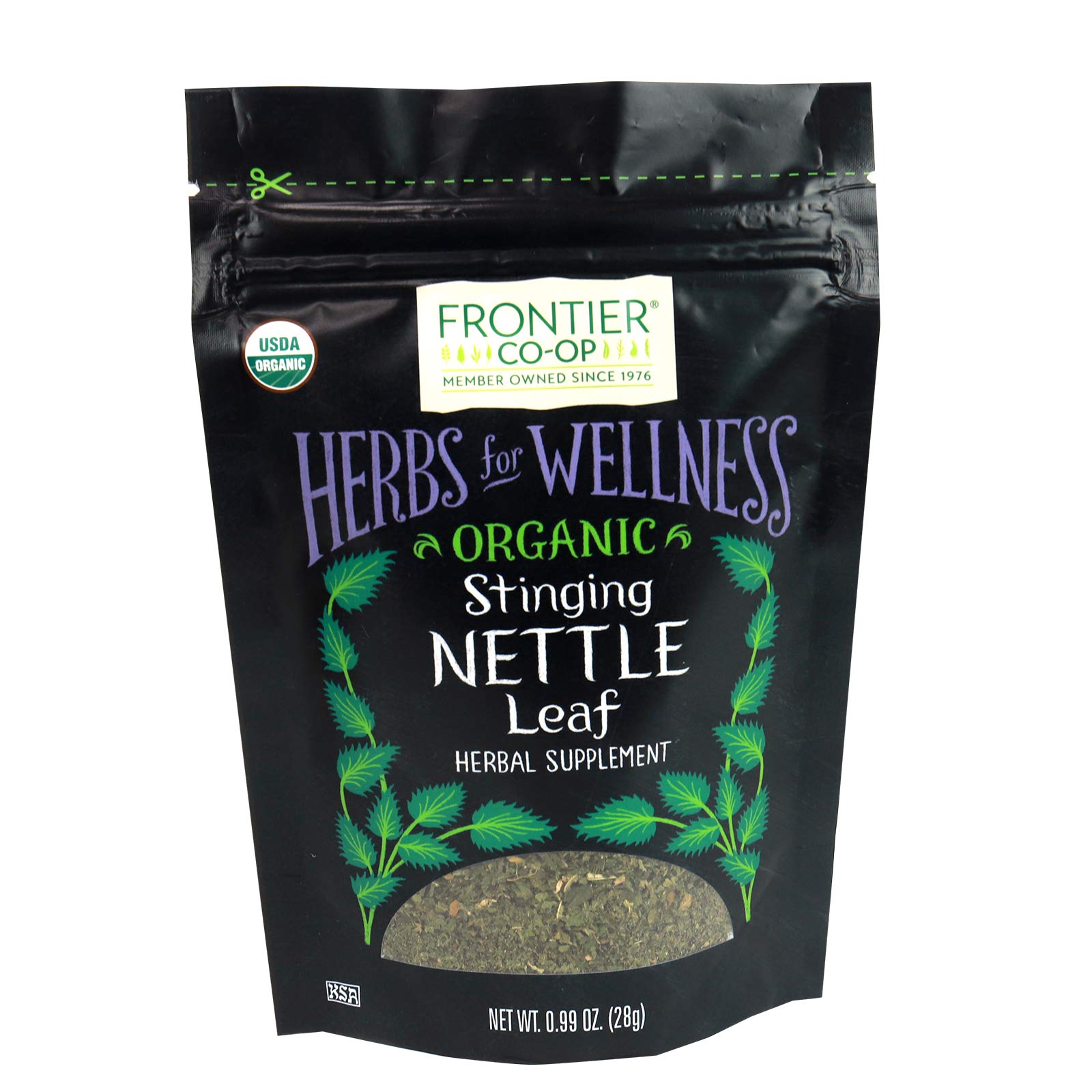 Frontier Co-op organic stinging nettle leaf in a resealable bag for freshness.