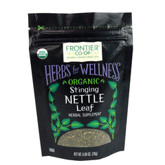 Frontier Co-op organic stinging nettle leaf in a resealable bag for freshness.