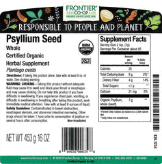 Frontier Co-op Psyllium Seed bulk bag closeup highlights organic Plantago ovata origin.