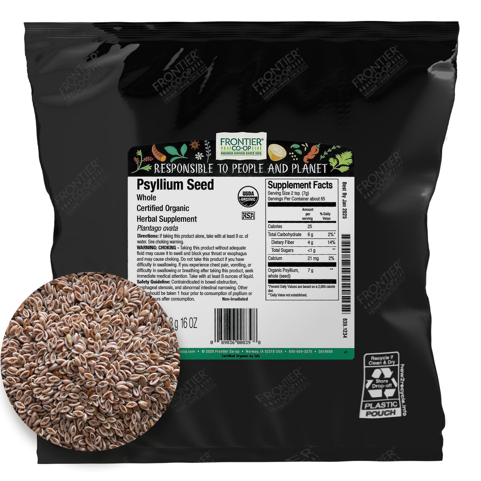 Frontier Co-op Organic Psyllium Seed whole bulk 1lb, ideal for fiber-rich baking.