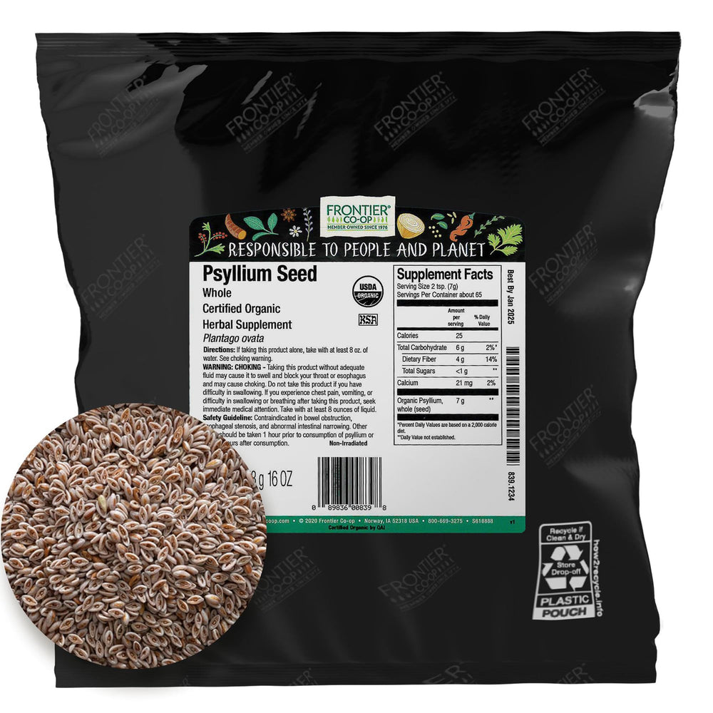 Frontier Co-op Organic Psyllium Seed whole bulk 1lb, ideal for fiber-rich baking.