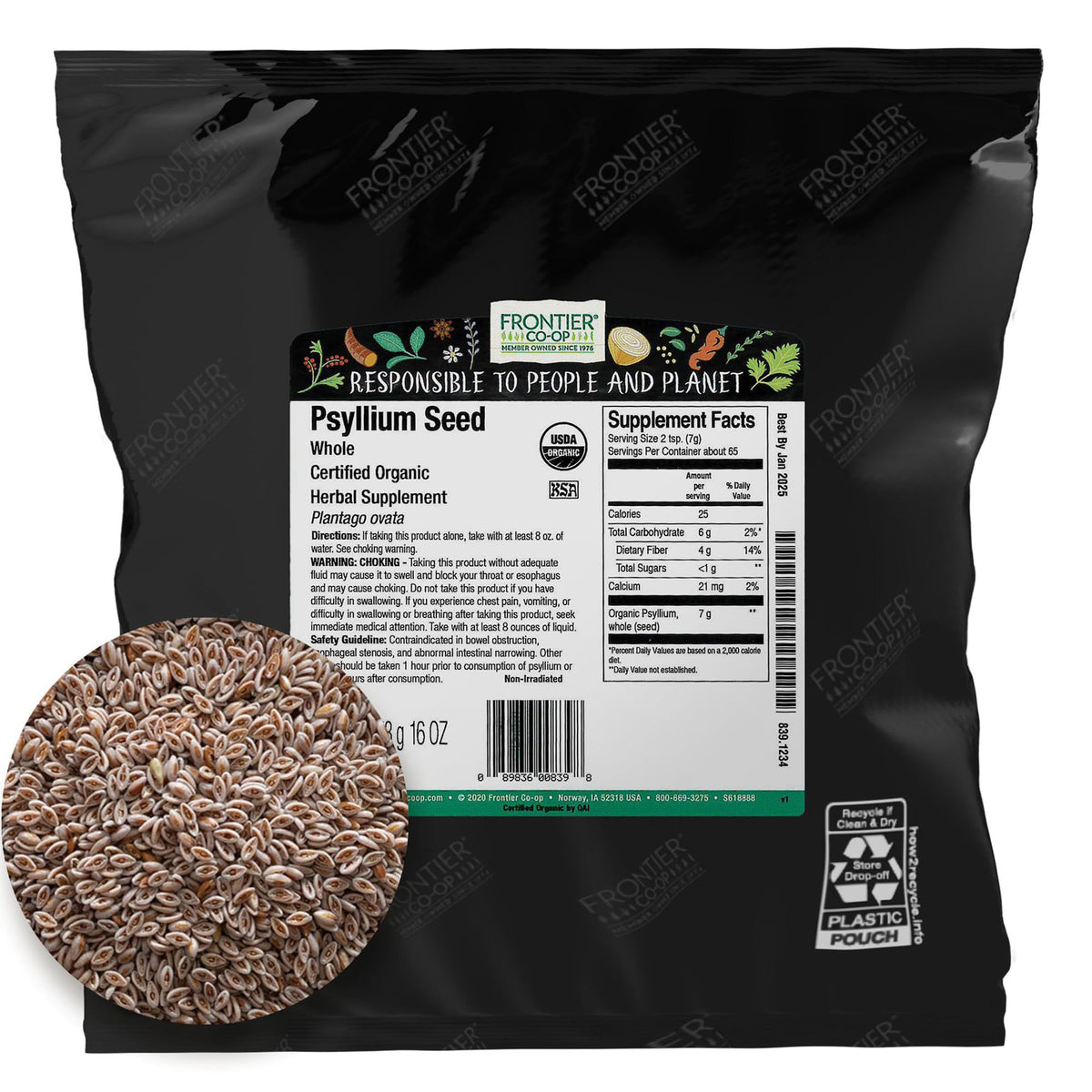 Frontier Co-op Organic Psyllium Seed whole bulk 1lb, ideal for fiber-rich baking.