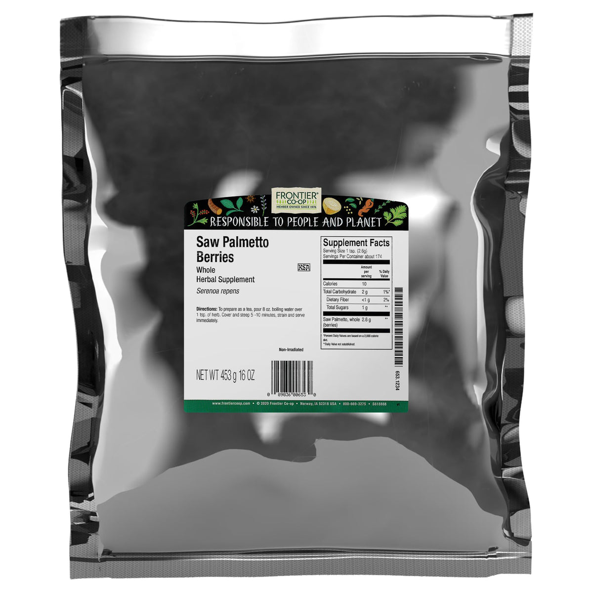 Frontier Co-op Saw Palmetto berries bulk bag for DIY teas and supplements
