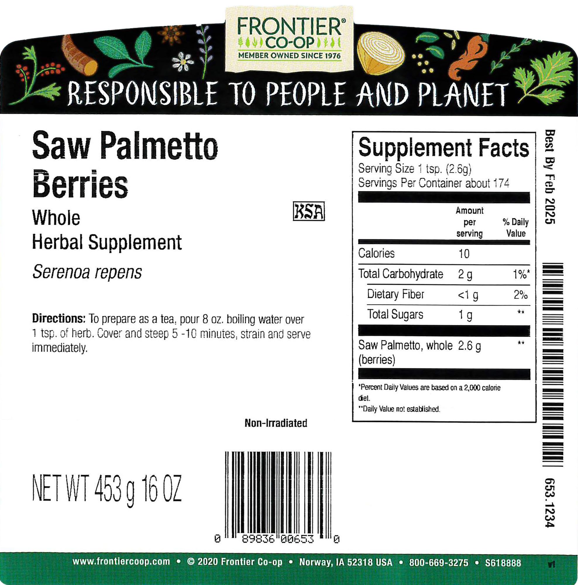 Frontier Co-op Saw Palmetto berries whole berries ready for teas or recipes