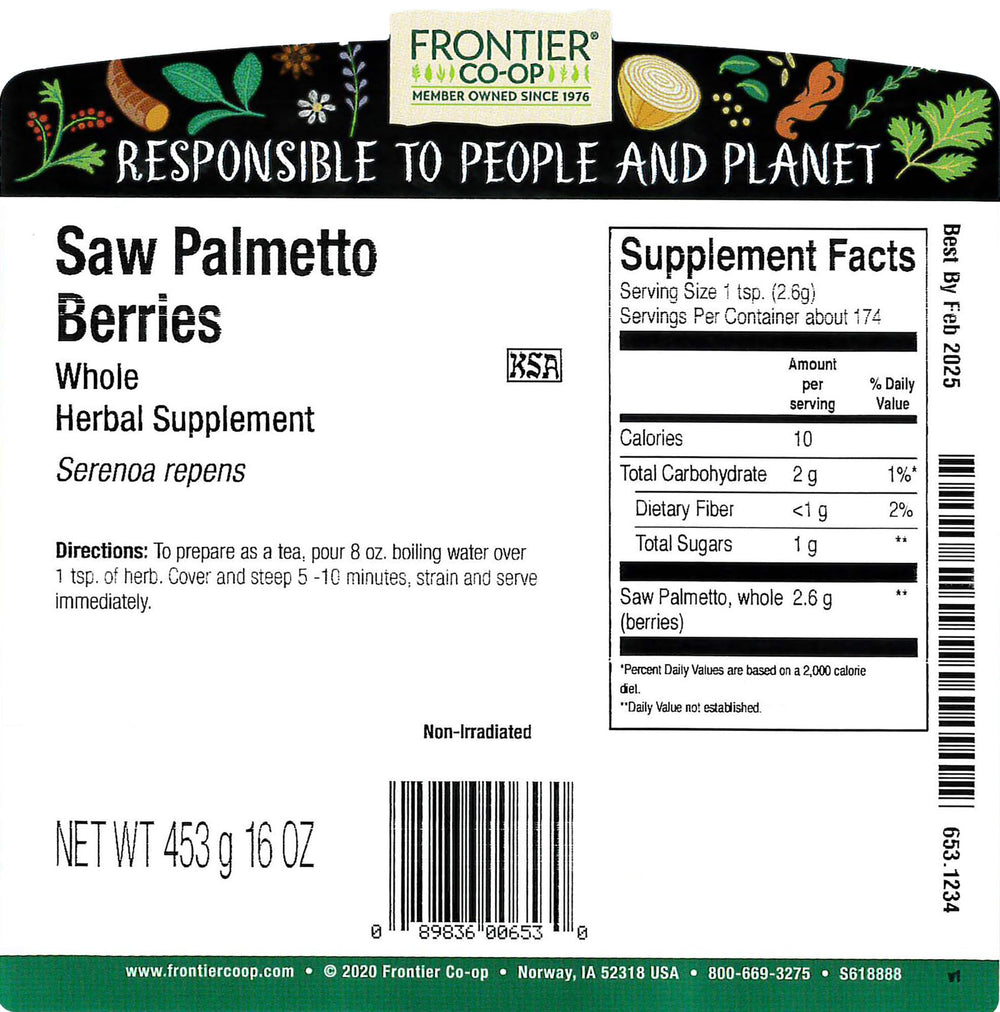 Frontier Co-op Saw Palmetto berries whole berries ready for teas or recipes