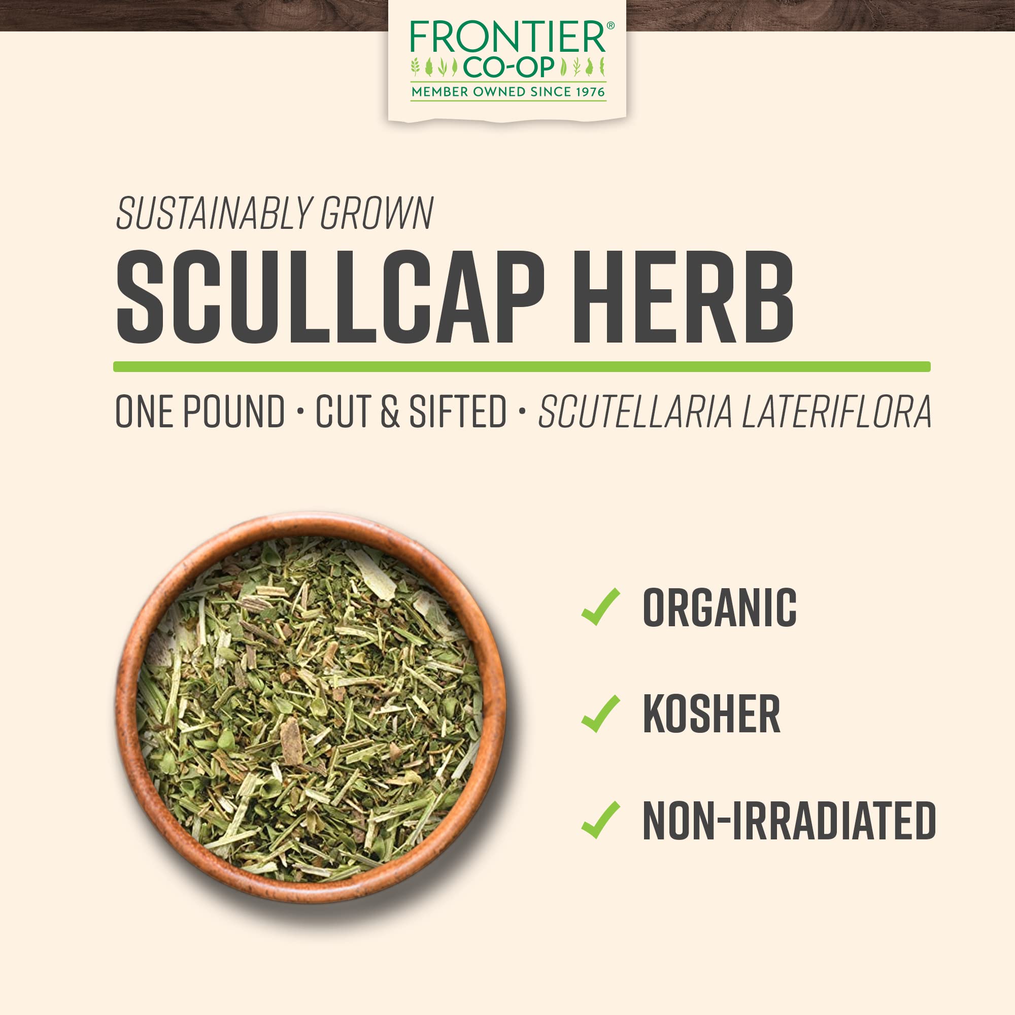 Frontier Co-op Skullcap loose tea leaf for relaxing blends.