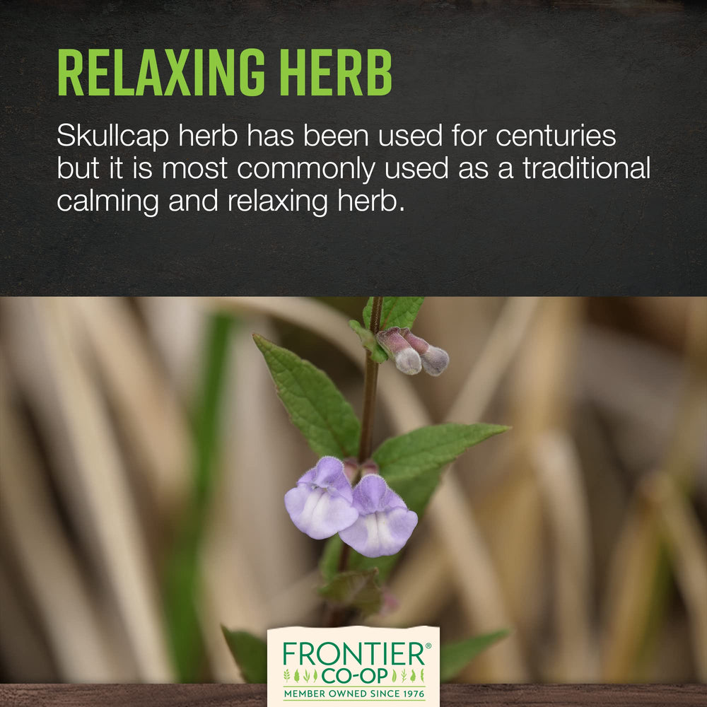 Frontier Co-op Skullcap sustainably grown in the United States for quality.