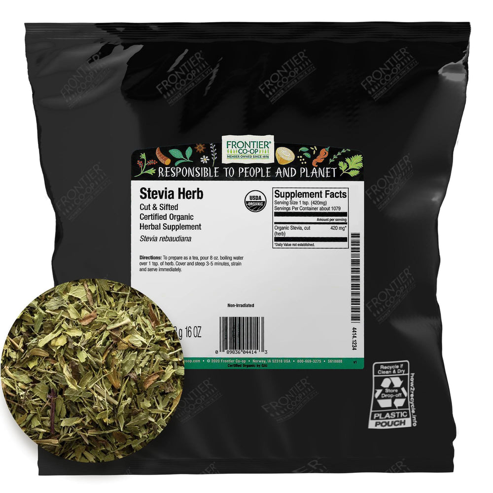 Frontier Co-op Stevia herb green bulk 1lb bag, ideal for natural sweetness in beverages.