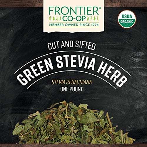 Frontier Co-op Stevia green leaf cut and sifted close-up, ready to add sweetness to hot drinks.