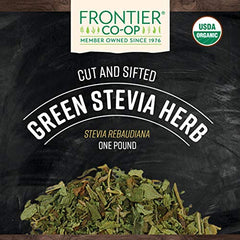 Frontier Co-op Stevia green leaf cut and sifted close-up, ready to add sweetness to hot drinks.