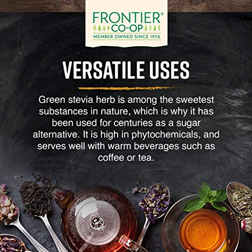 Frontier Co-op Stevia herb green loose leaves, versatile for tea, lemonade, and sun tea.