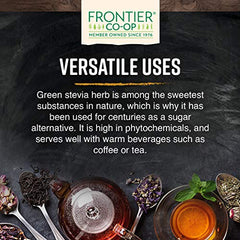 Frontier Co-op Stevia herb green loose leaves, versatile for tea, lemonade, and sun tea.
