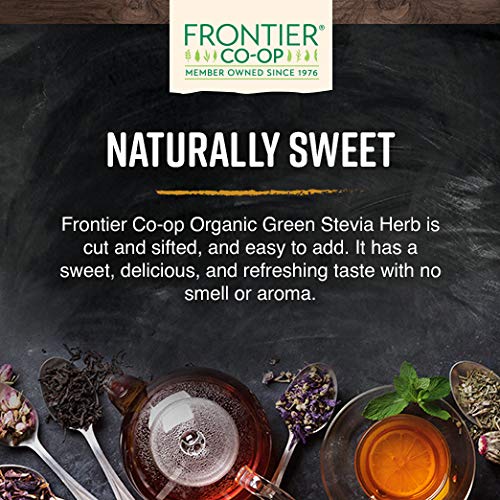 Frontier Co-op Stevia herb green loose-leaf in a natural setting, suggesting everyday sweetness.