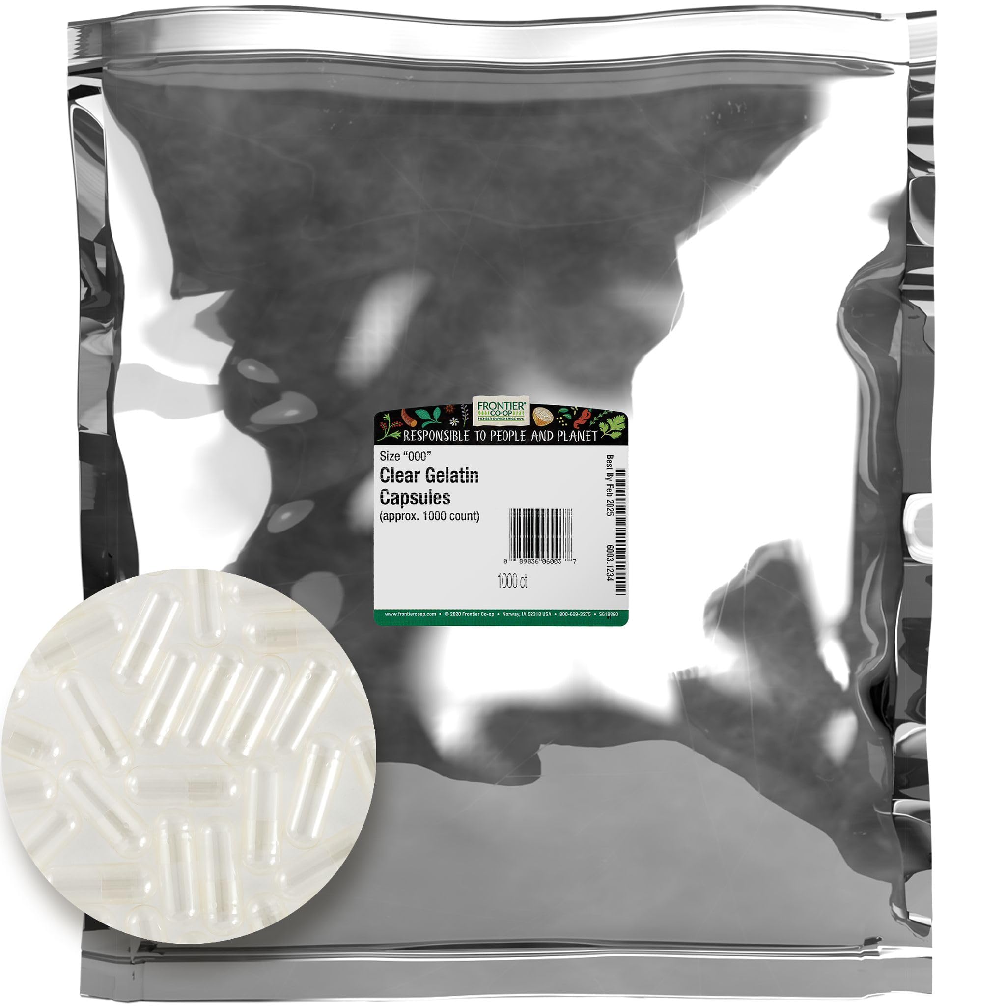 Frontier Co-op vegetarian capsules in a clear bottle, ideal for bulk storage and easy dosing.