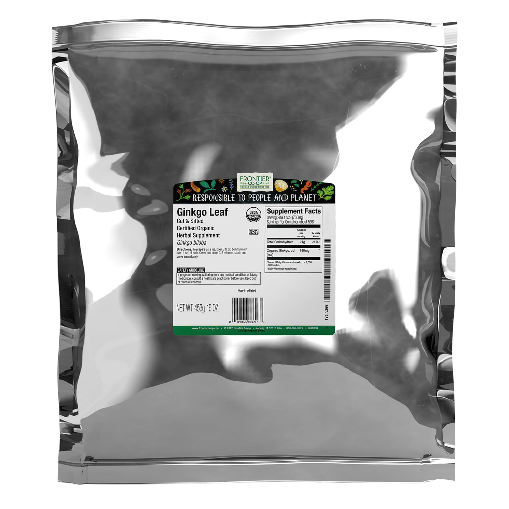 Frontier Co-op ginkgo leaf bulk bag, cut and sifted for easy tea infusion.